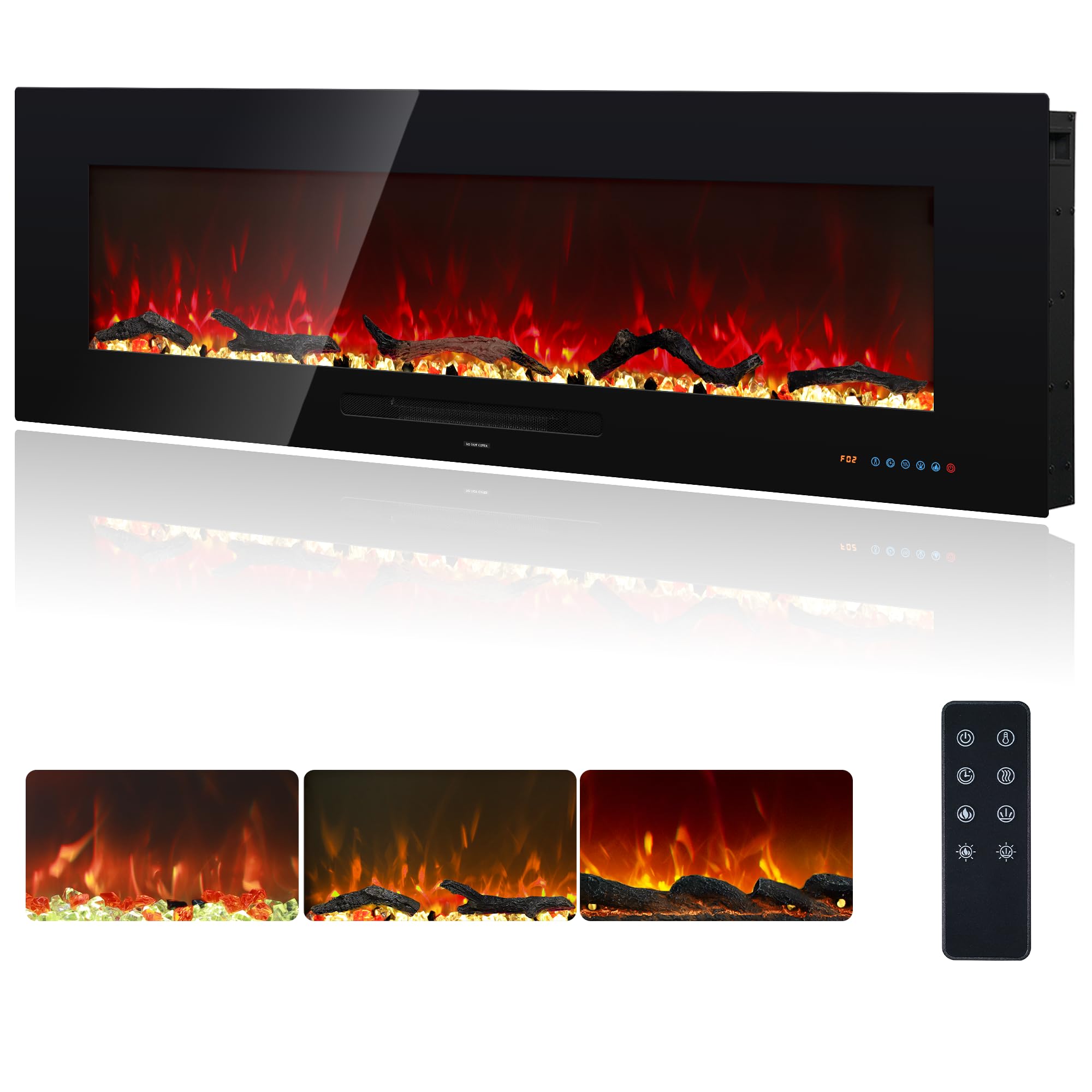 Elektrokamin Wandmontage, 13 Farbmodi LED flammeneffekt, Timer - Funktion, 152 cm Kamin Heizung Glas-Touchscreen und Fernbedienung,1500W(60")