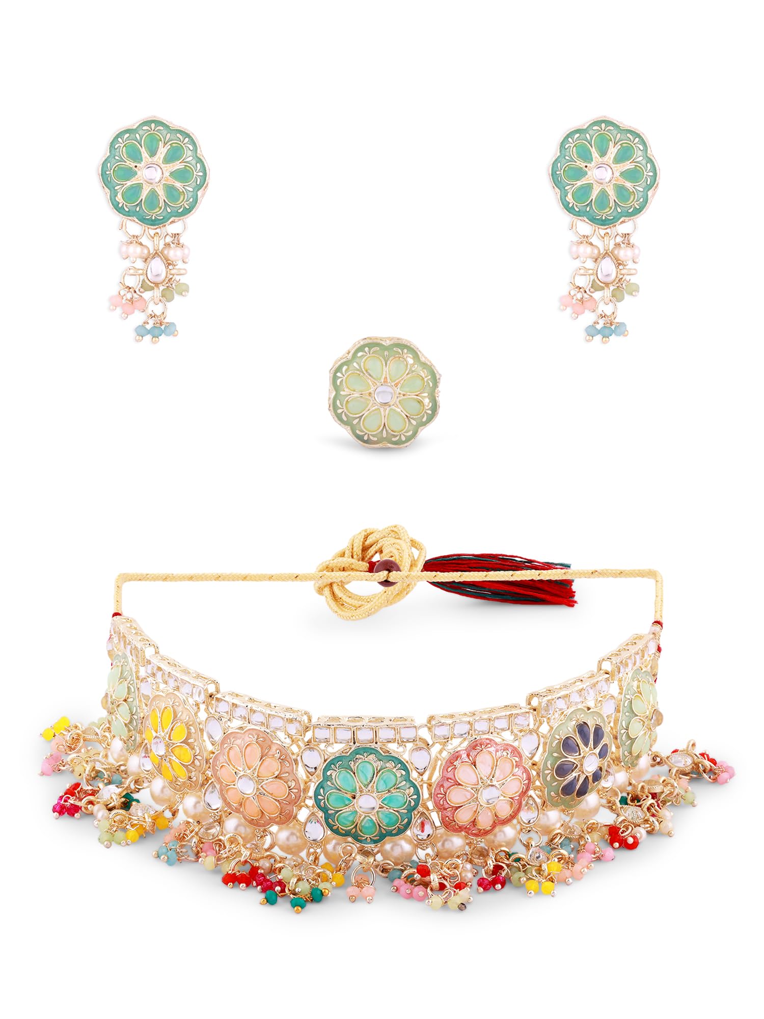 ZAVERI PEARLS Multicolor Meenakari Kundan Beads Choker Necklace Earring & Ring Set For Women-ZPFK16399 (B0CGRBTNTP) Amazon Price History, Amazon Price Tracker