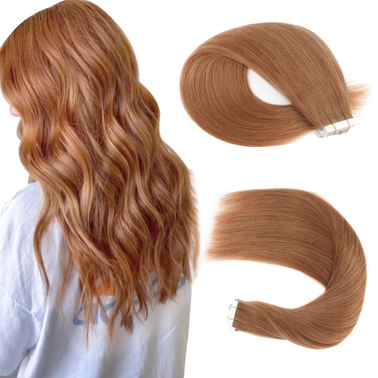 Sassina Semi-permanent Tape in Human Hair Extensions 20pcs 50g Silky Straight Human Hair Extensions Light Auburn Color Invisible Seamless Reusable