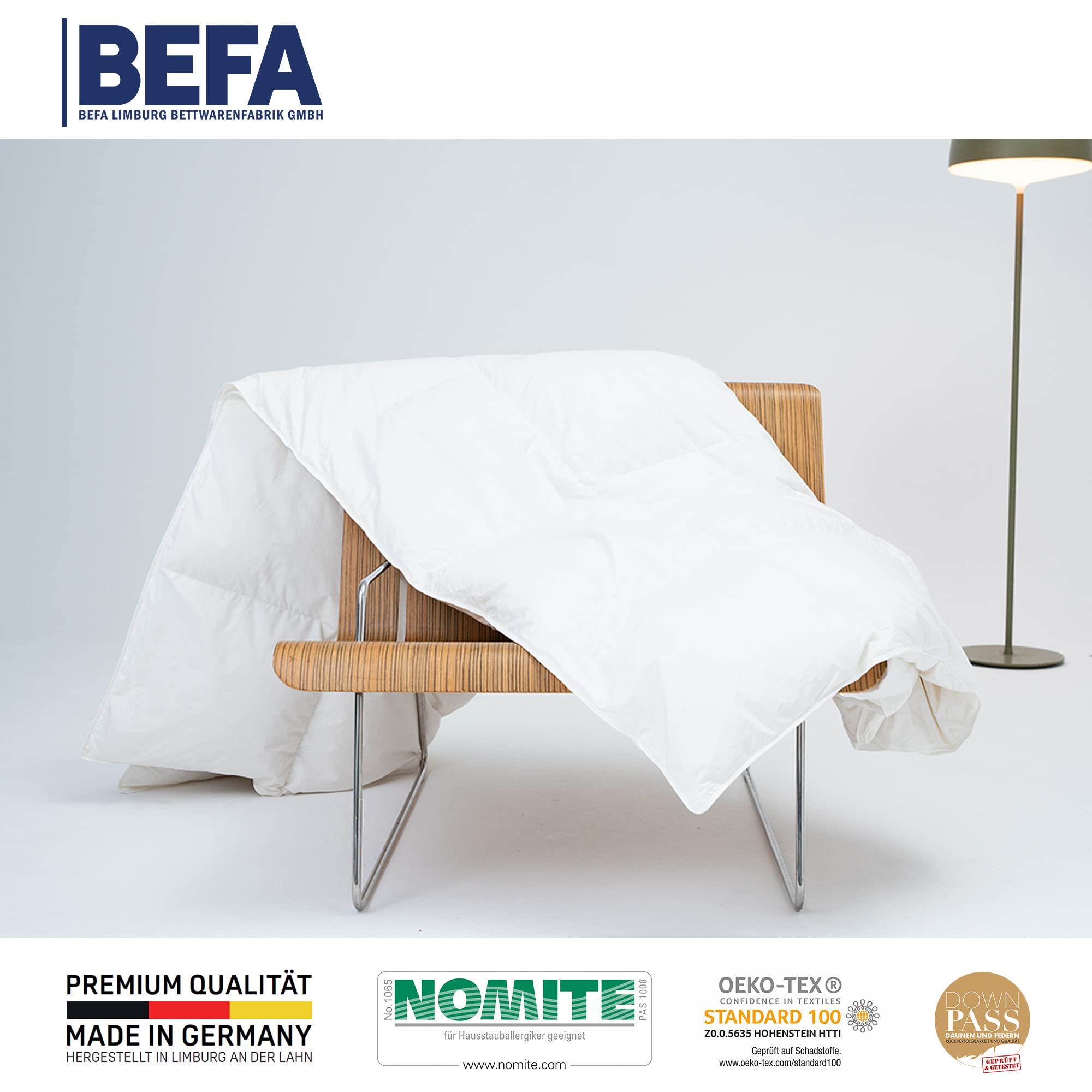 BEFA NATUR Made in Germany dekbed 135 x 200 cm van 100% dons, zomerdeken, geschikt voor mensen met een allergie (nomite), Öko-Tex 100 klasse 1, norm