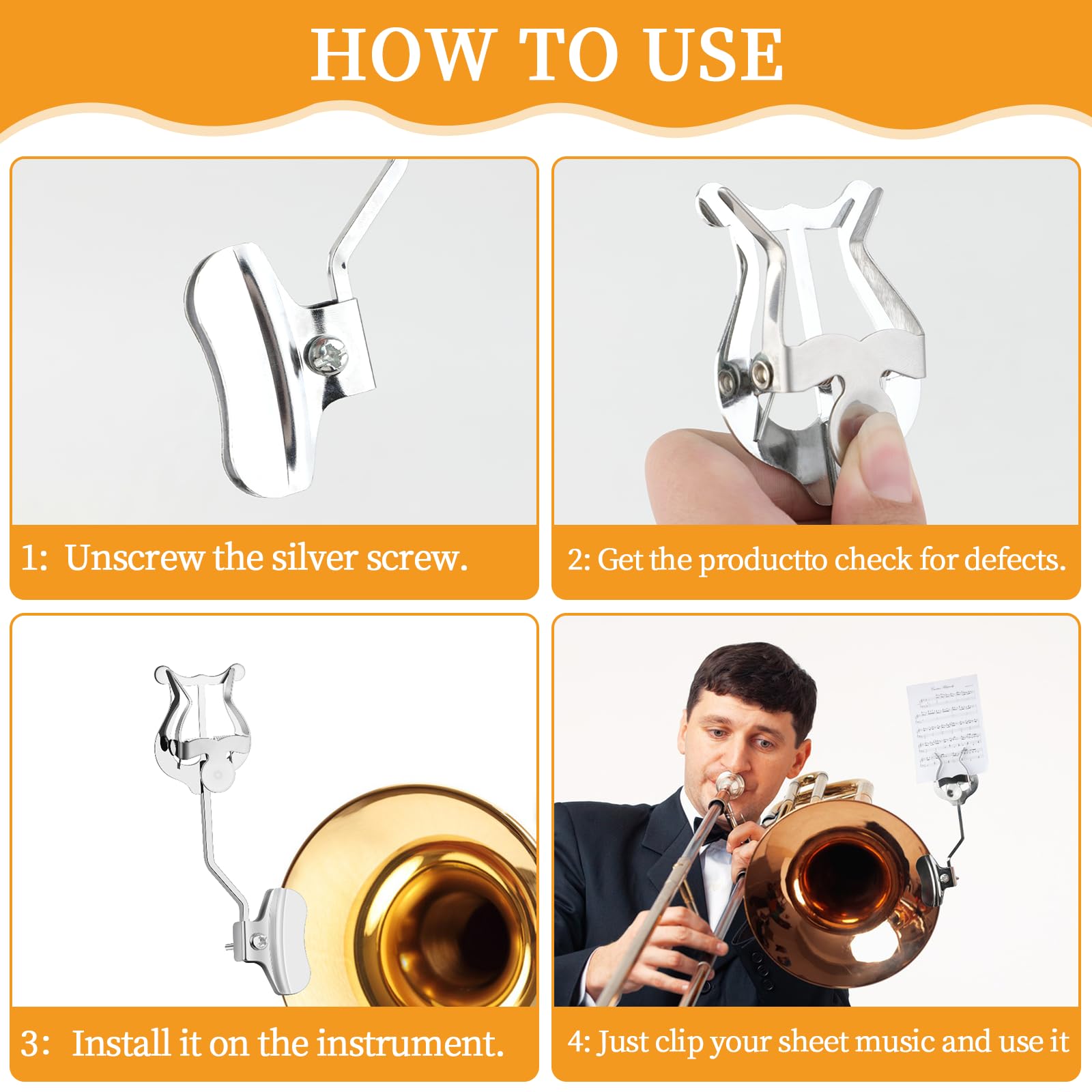 Lira de trombón, paquete de 2 soportes plateados para lira de trombón para banda de marcha, clip de trombón de 6.89 pulgadas y carpeta abatible, accesorios de instrumentos musicales generales