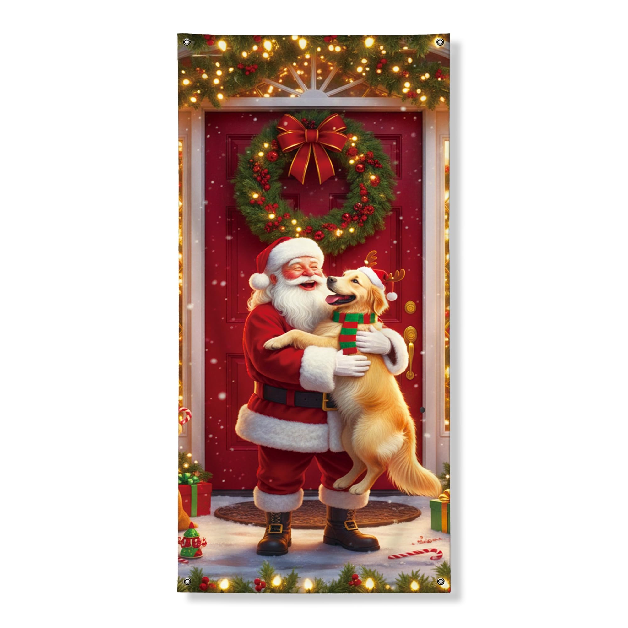 Christmas Santa Dog Door Cover Banner Decorative, Festive Joyful Holiday Design for Indoor Outdoor Decor 36x72 Inch