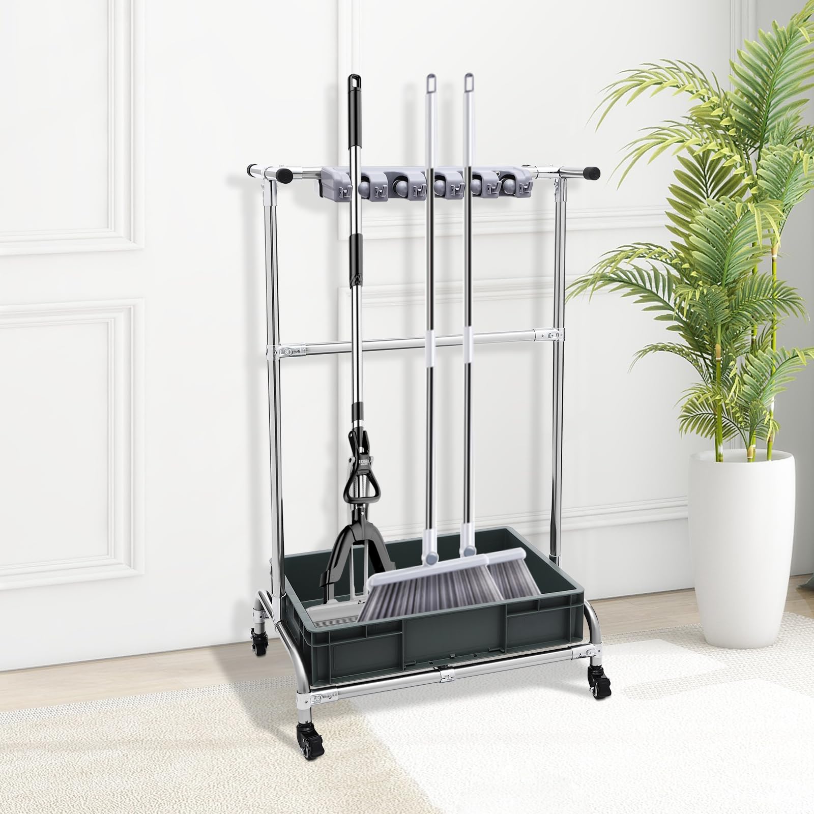 Stand Mop Holder, Broom Holder, Mobile Cleaning Trolley, Cleaning Agent Organiser, Cleaning Trolley with 12 Folding Hooks, 10 Slots and Removable Water Tank, for Storing Cleaning Tools with Handles