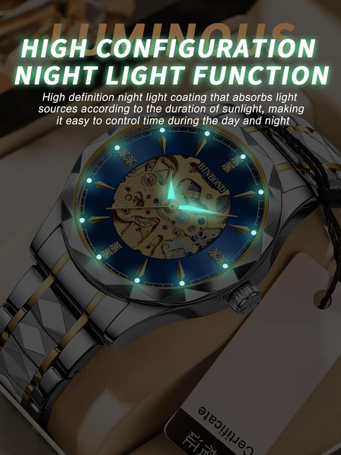 Men's Automatic Mechanical Watches for Men Business Dress Luminous Waterproof Luxury Diamond Men's Watch Gold Dial - Image 3