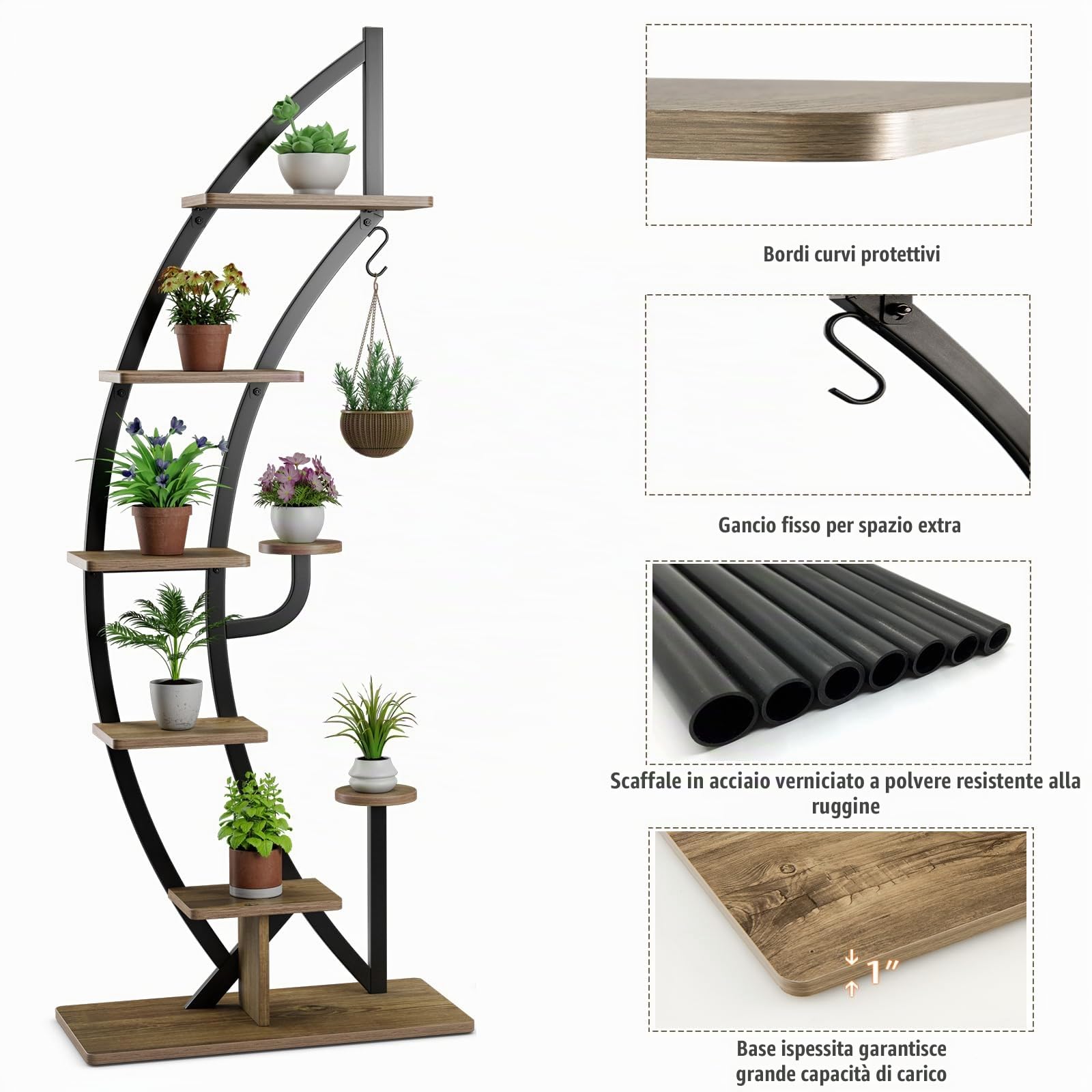 HOMASIS Scaffale Porta Piante a Forma di Mezzaluna, Scaffale per Piante da Interno, Portavasi Elegante da Interni, Espositore per Decorazioni da Balconi, Soggiorni (1, Marrone)