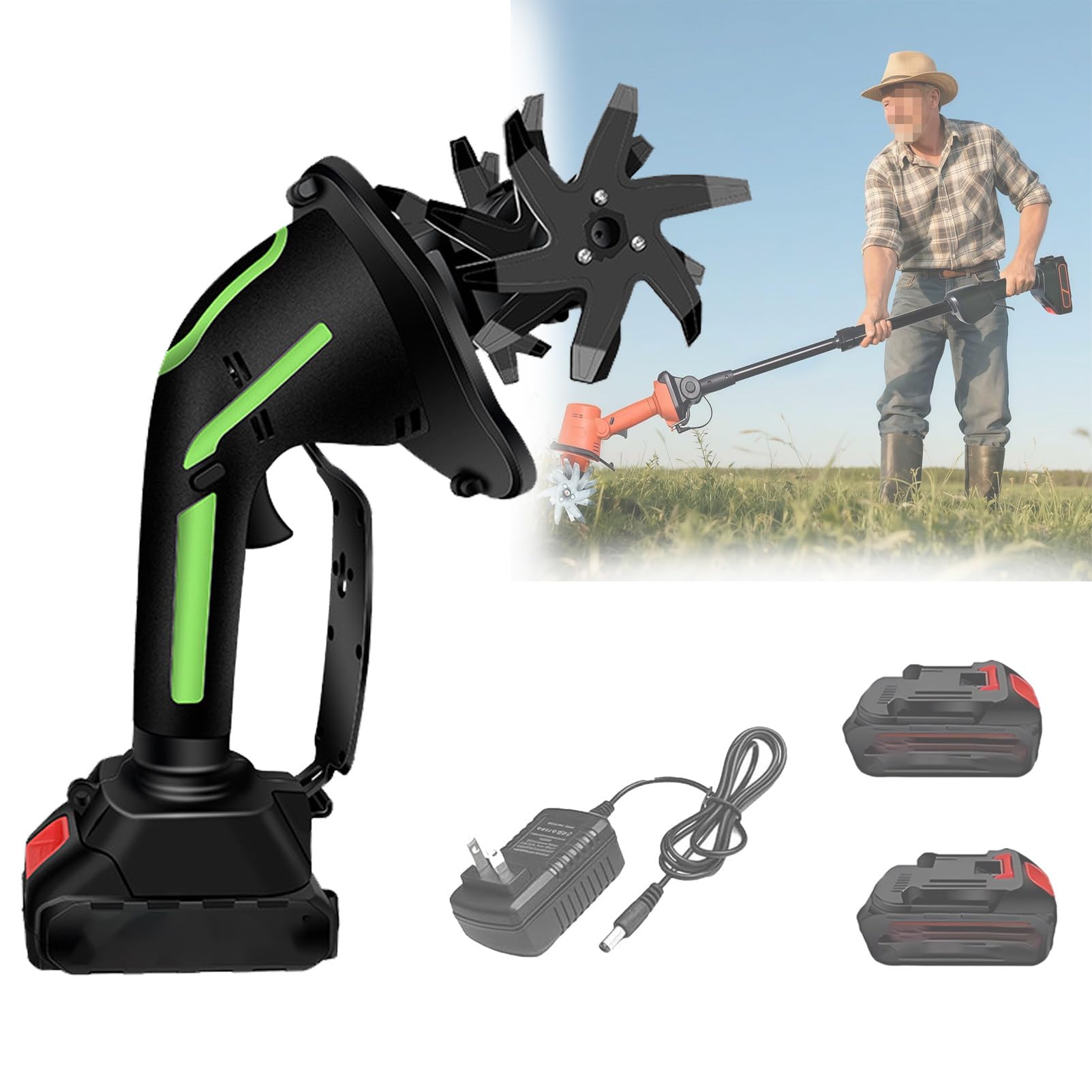 Pnpaea 21V Cordless Mini Tiller Cultivator, 235 RPM Electric Garden Rotavator with 2 Battery,Hand-Held Micro Tiller Weeding Machine, for Gardening, Lawn, Greenhouse Green-