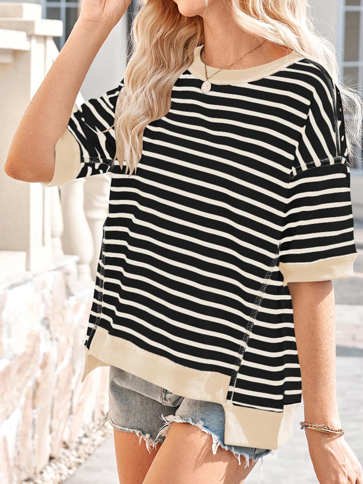 Poetsky damskie topy oversize na co dzień koszule w paski z krótkim rękawem lato okrągły dekolt pulower bluza luźne bluzki