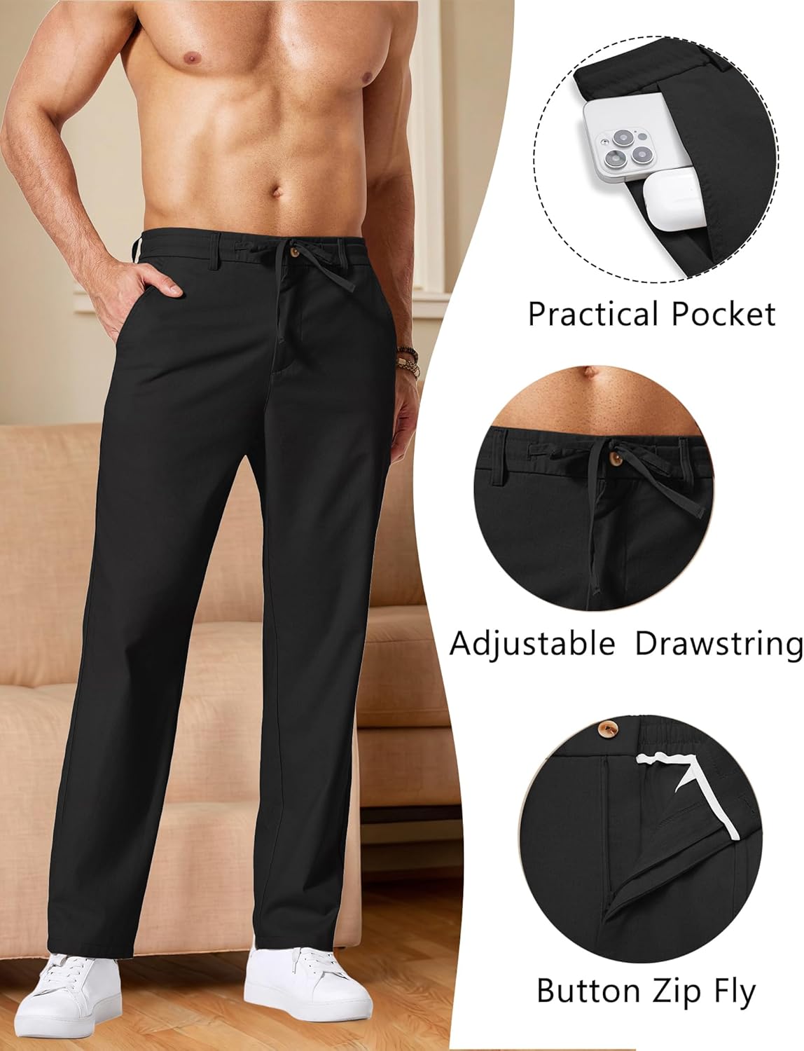 COOFANDY Men's Cotton Linen Pants Casual Drawstring Dress Pants Beach Summer Lightweight Trousers - Image 4