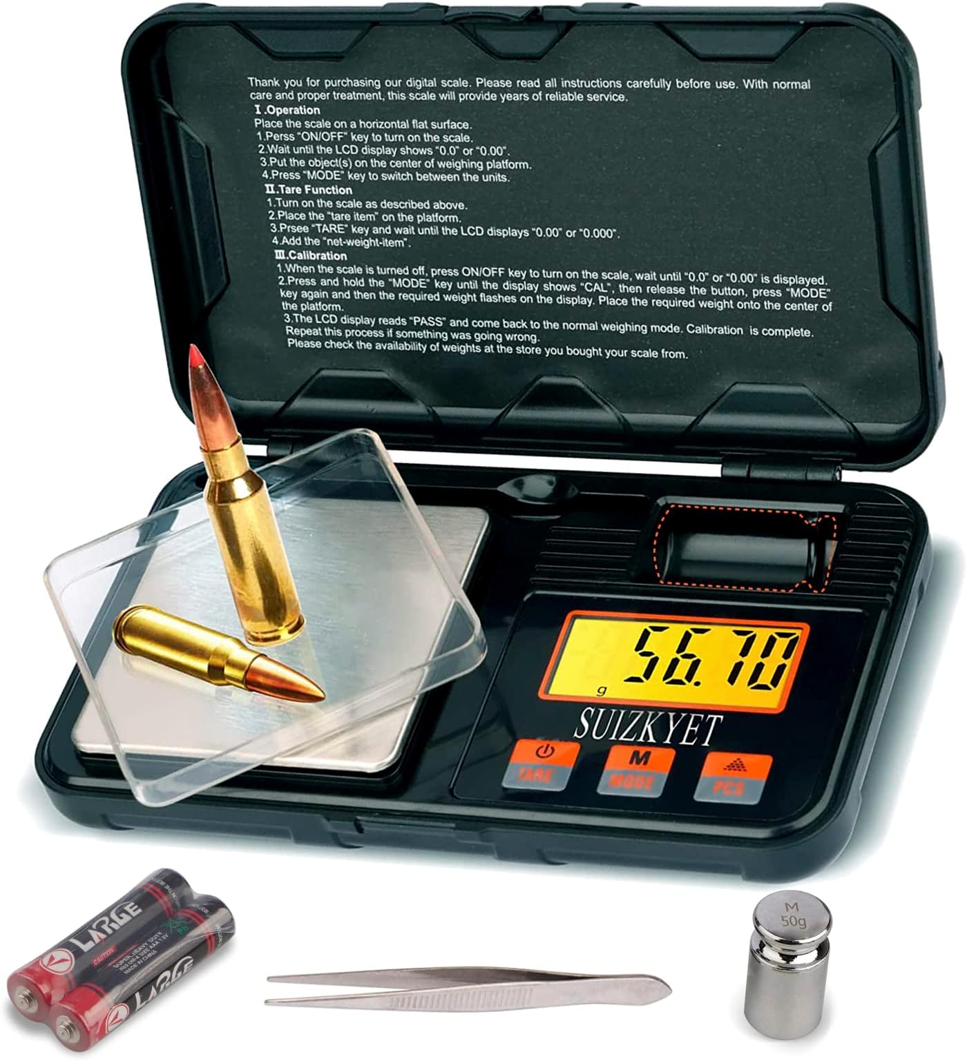 Accurate Reloading Scale 3086 Grains, Powder Scale for Reloading 200g X 0.01g, Arrow Scale with 50g Calibration Weight Weighing Pan Tweezer, Archery Scale Bright LCD Display, 2 Batteries