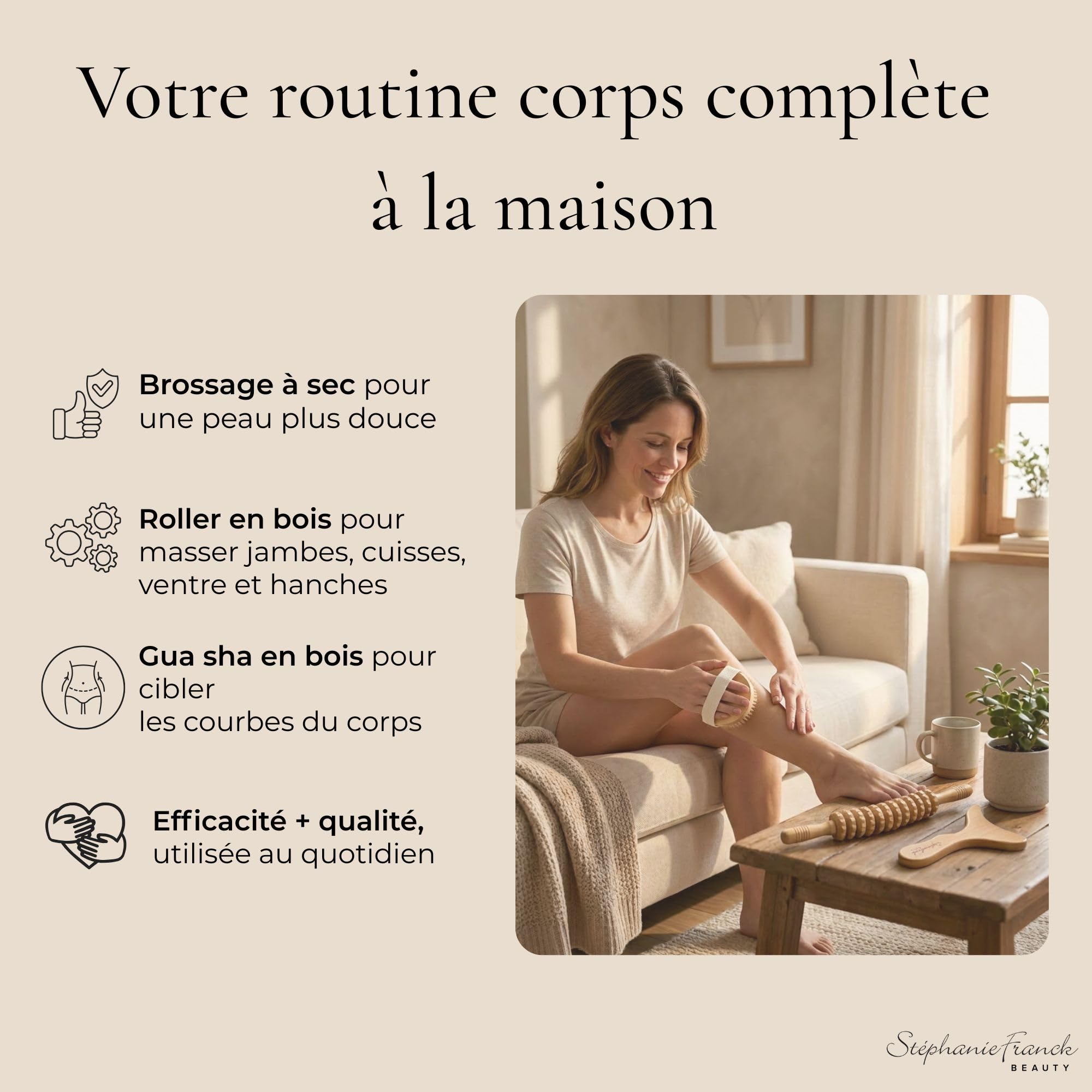 Set Massage Corps en Bois, Rouleau Maderothérapie, Gua Sha Corps et Brosse Massage à Sec, 3 Accessoires Bien-Être pour Jambes, Cuisses, Ventre, Bras, Cadeau Femme