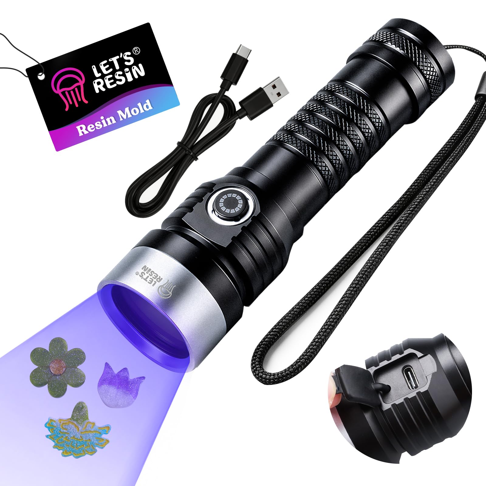 LET'S RESIN Lampe de poche UV 365 nm pour durcissement de la résine, lampe 7 LED, lampe de poche noire rechargeable USB-C 3000 mAh, lampe UV portable pour moules en résine, bijoux, détection des