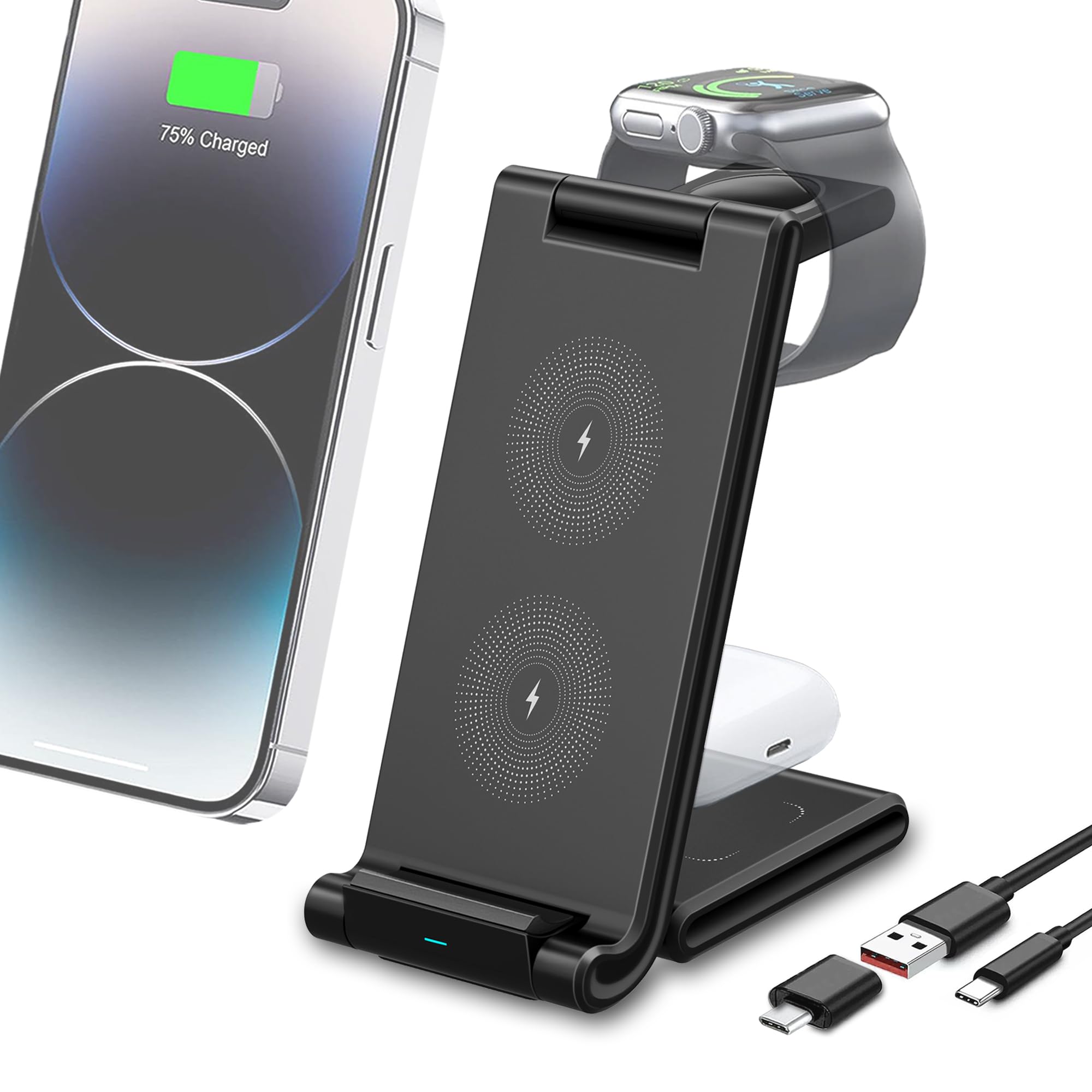 3-in-1 Wireless Charging Station, 15W Foldable Wireless Charger Stand for iPhone 16 15 14 13 12 11 Pro Max & Samsung. Charging Dock for Apple Watch & Pods 3,2 Pro (Excluding Samsung Watches)