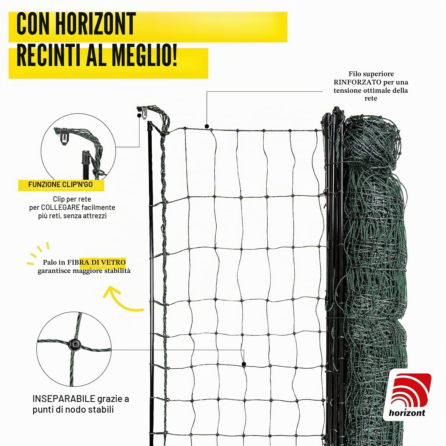 horizont eecinto per pollame strongLine 110, 9 pali in vetroresina a doppia punta lunghi 25 m, alti 110 cm, tutti senza elettricità, recinto mobile per polli