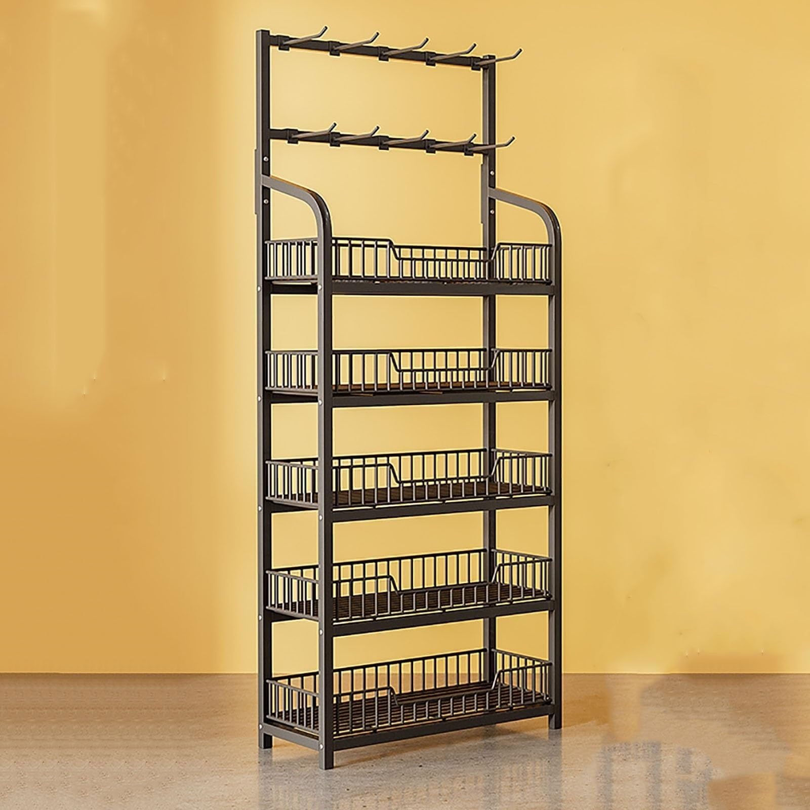 3/4/5 Shelves Snack Rack Display Rack, Black/White Supermarket Snacks Shelf, Retail Display Racks, Commercial Potato Chip Display Rack with Storage Basket(Black,5 Tiers)