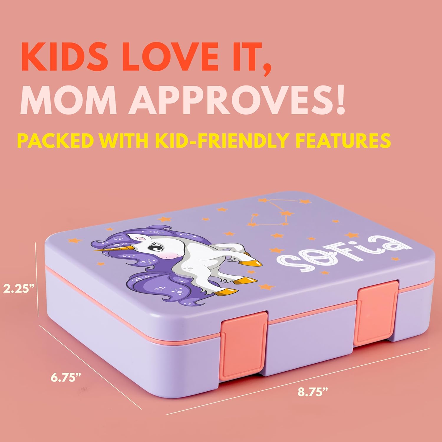 Personalized Bento Box for Kids with Unicorn Theme and Name, 5 Compartments Drop-Proof Bento Box, Dishwasher Safe, Made with BPA-Free Materials, Bento Lunch Box for Kids and Toddlers