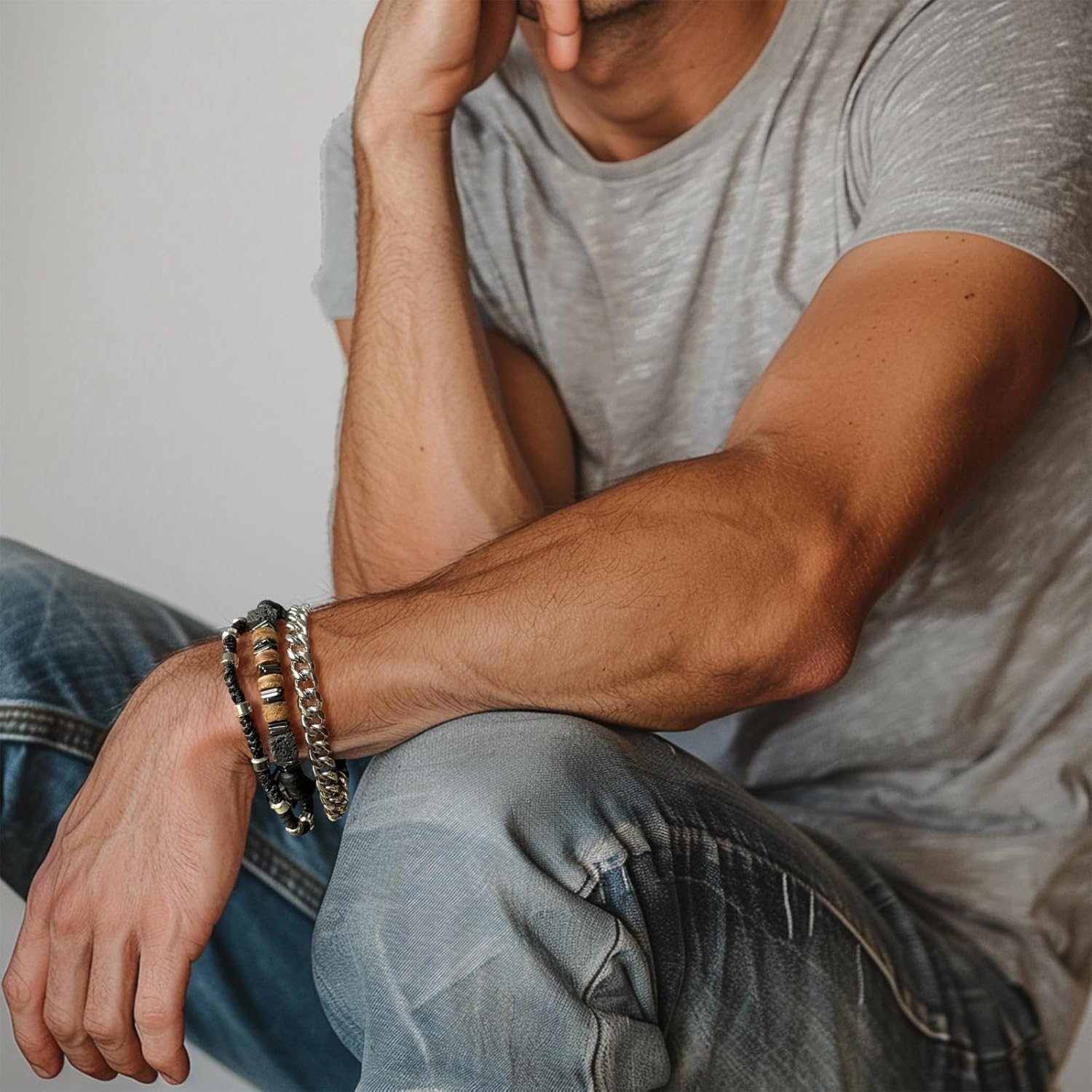 3pc Mens Beaded Bracelets Silver Stainless Steel Chain Bracelet for Men Handmade Braided Bracelet Sets Jewelry Gifts for Men - Image 4