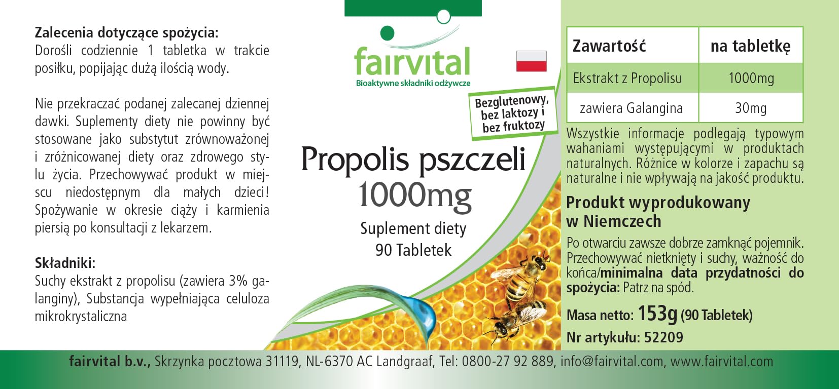 fairvital Propoli d'api 1000 mg, estratto naturale di resina d'api, con il 3% di galangina, ALTO DOSAGGIO, 90 compresse