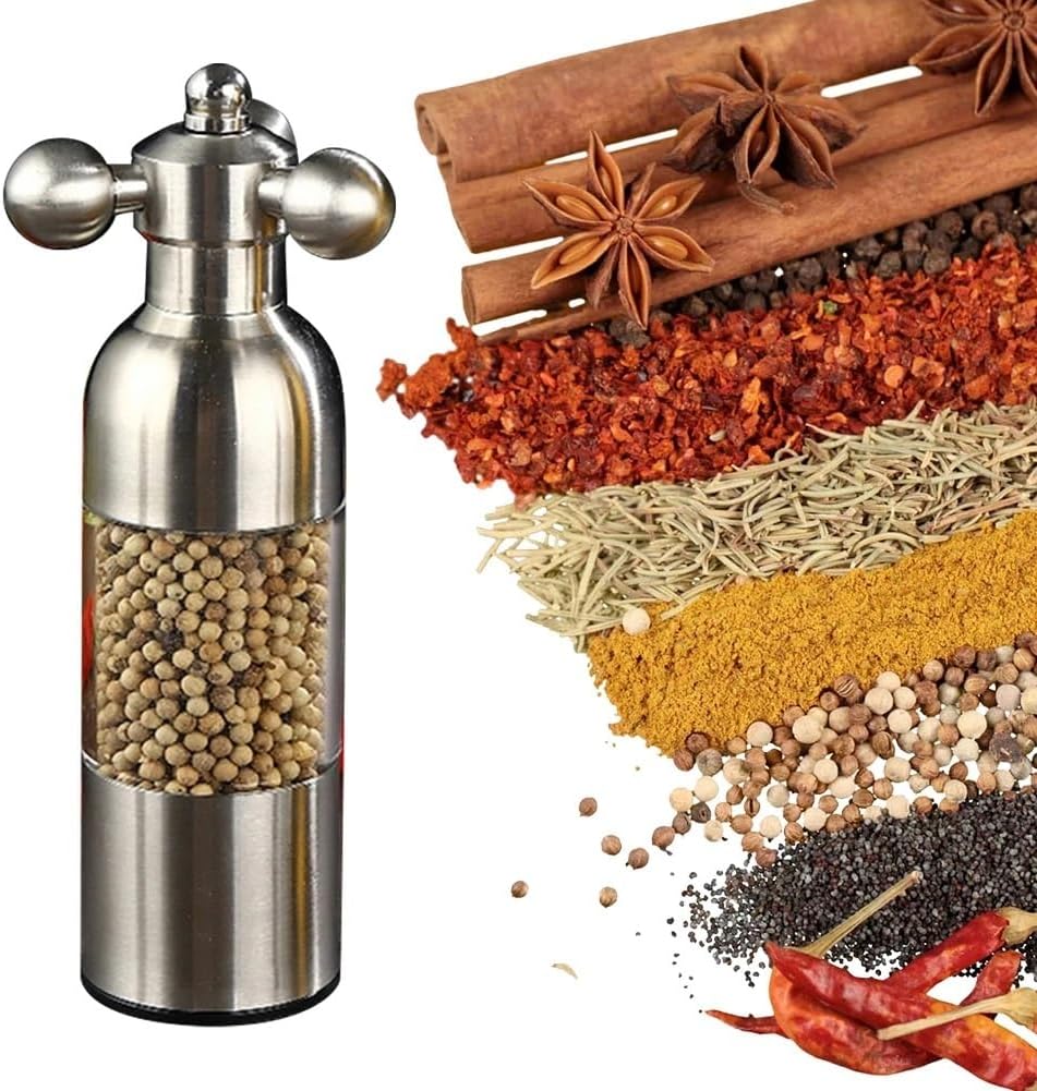 304 Stainless Steel Manual Spice Grinder with Adjustable Coarseness, Clear Body Pepper and Salt Mill for Kitchen and BBQ, Lever Handle Design(Silver)