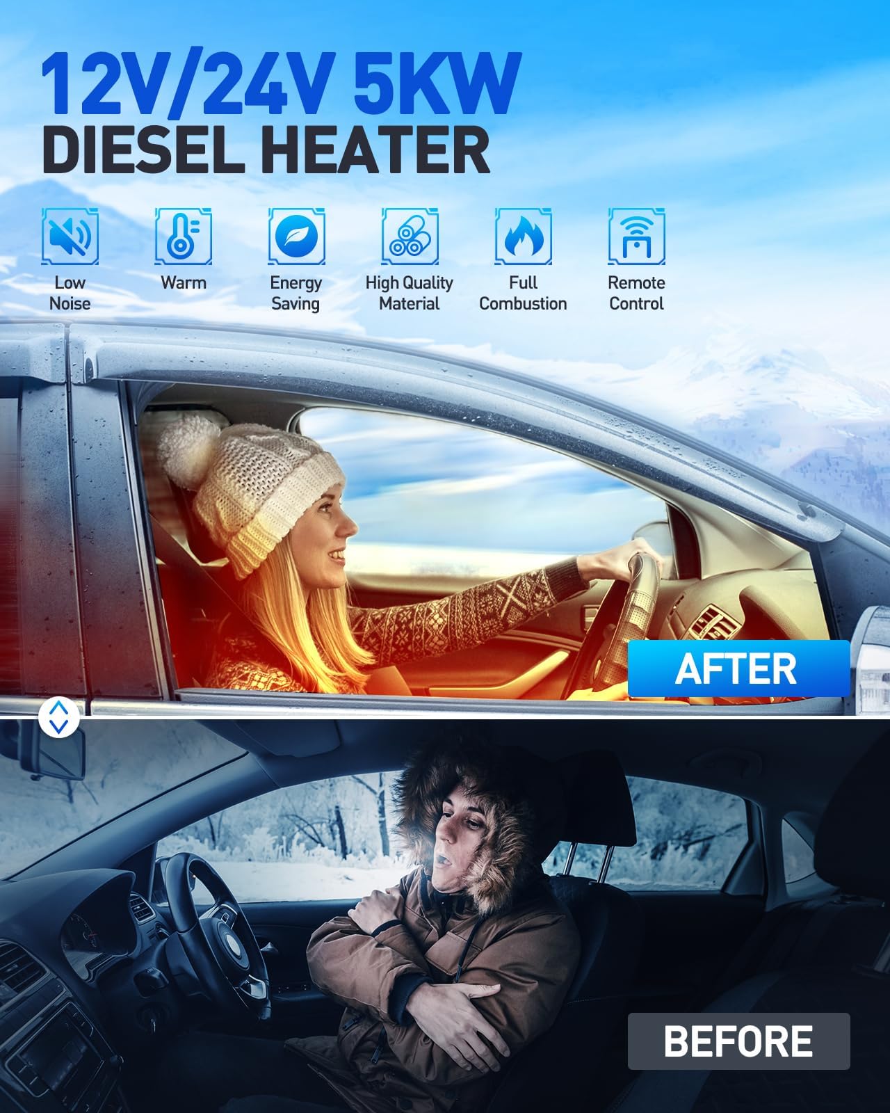 5 kW 12 V Nagrzewnica powietrza Diesel Przenośna Nagrzewnica Postojowa Diesel Ciche Ogrzewanie z Tłumikiem Wielofunkcyjny Czterootworowy Z Pilotem Wyświetlacz LCD Do Samochodów, Łodzi, Kamperów, Wew