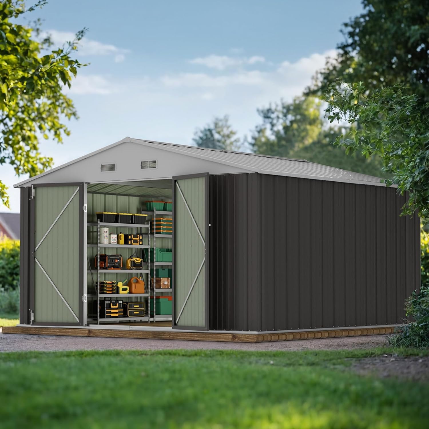 JUMMICO 10x10 FT Outdoor Storage Shed, Grey
