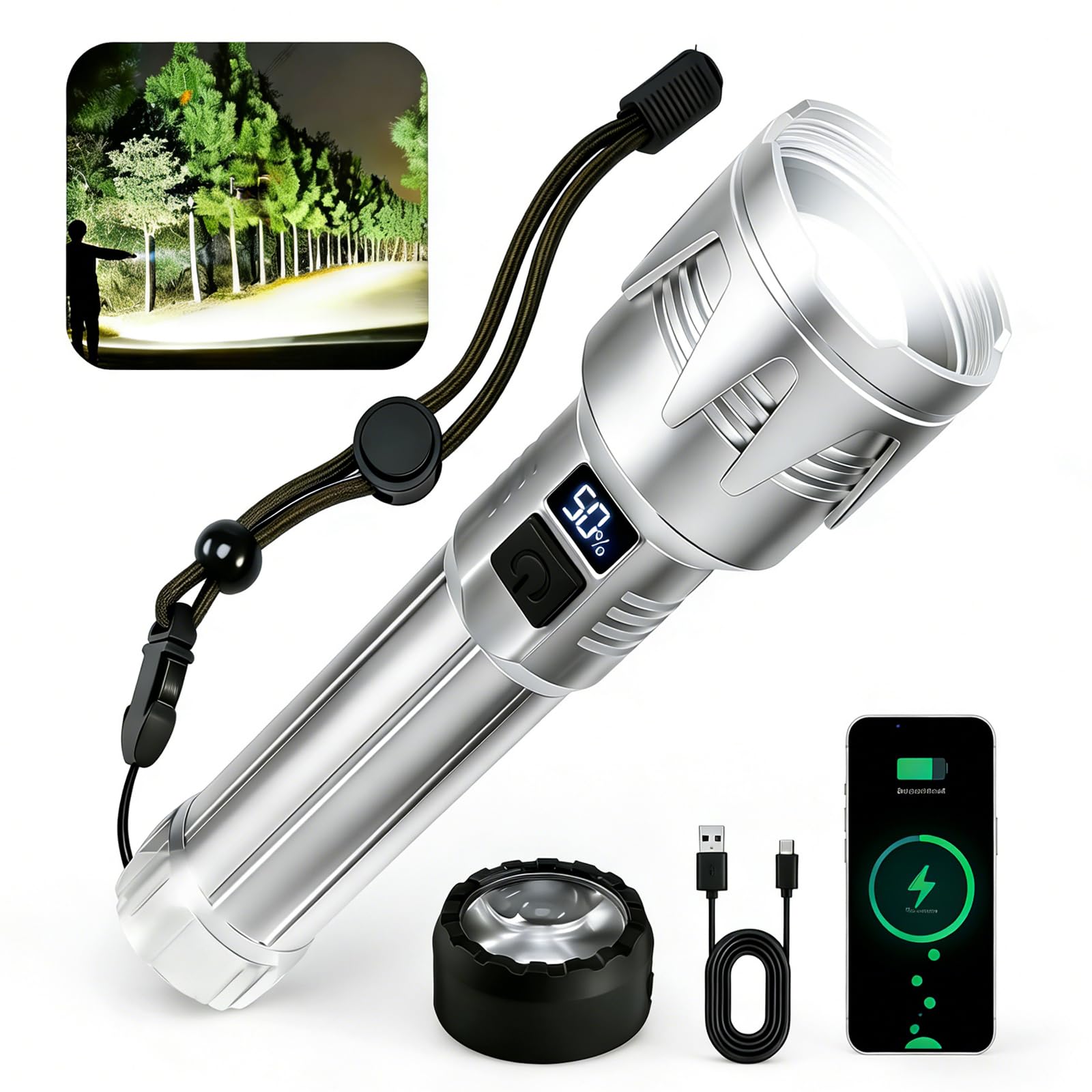 Flashlight Rechargeable,Waterproof Tactical Flashlight,3000lm LED Flashlights,With Ignition Lens,Zoomable,Five Modes,With Broken Window Function,With Broken for Camping Outdoor,PATENT PENDING