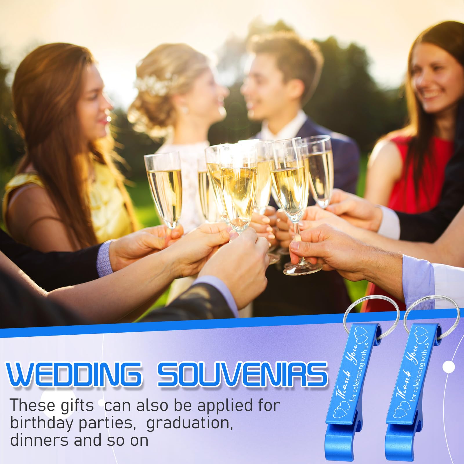 Dandat 100 apribottiglie portachiavi con scritta "Thank You" per gli ospiti, in alluminio, per vino, birra, inciso, regalo per matrimoni, compleanni, baby shower, souvenir (blu, 6,1 x 4,5 cm)
