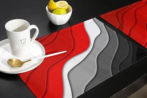Miniatura 5 de Juego de 6 manteles individuales modernos geométricos rojos y negros para comedor, mesa de comedor, gris, abstracto, playa, lavables, decoración de