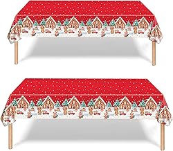 2 Pack Christmas Table Cloth, 137x274cm Rectangle Large Plastic Tablecloth Red Gingerbread Man Party Tableware Decor, Xmas Tablecovers for Winter Holiday Dinner