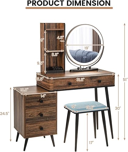 Miniatura 8 de GOFLAME Juego de mesa de tocador con espejo iluminado de 3 colores, mesa de maquillaje y taburete acolchado con cajones, bandeja cosmética acrílica,