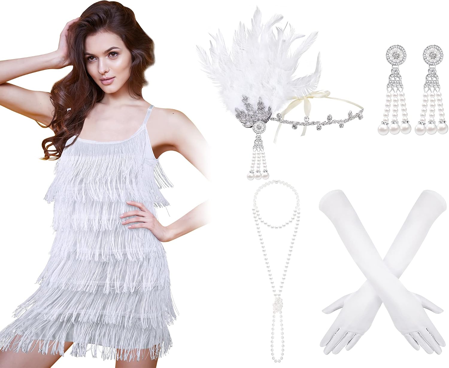 Zhanmai 6 Pcs Flapper Dress Flapper Costumes for Women 1920s Accessories Set Headband Pearl Necklace Earrings Gloves Stick