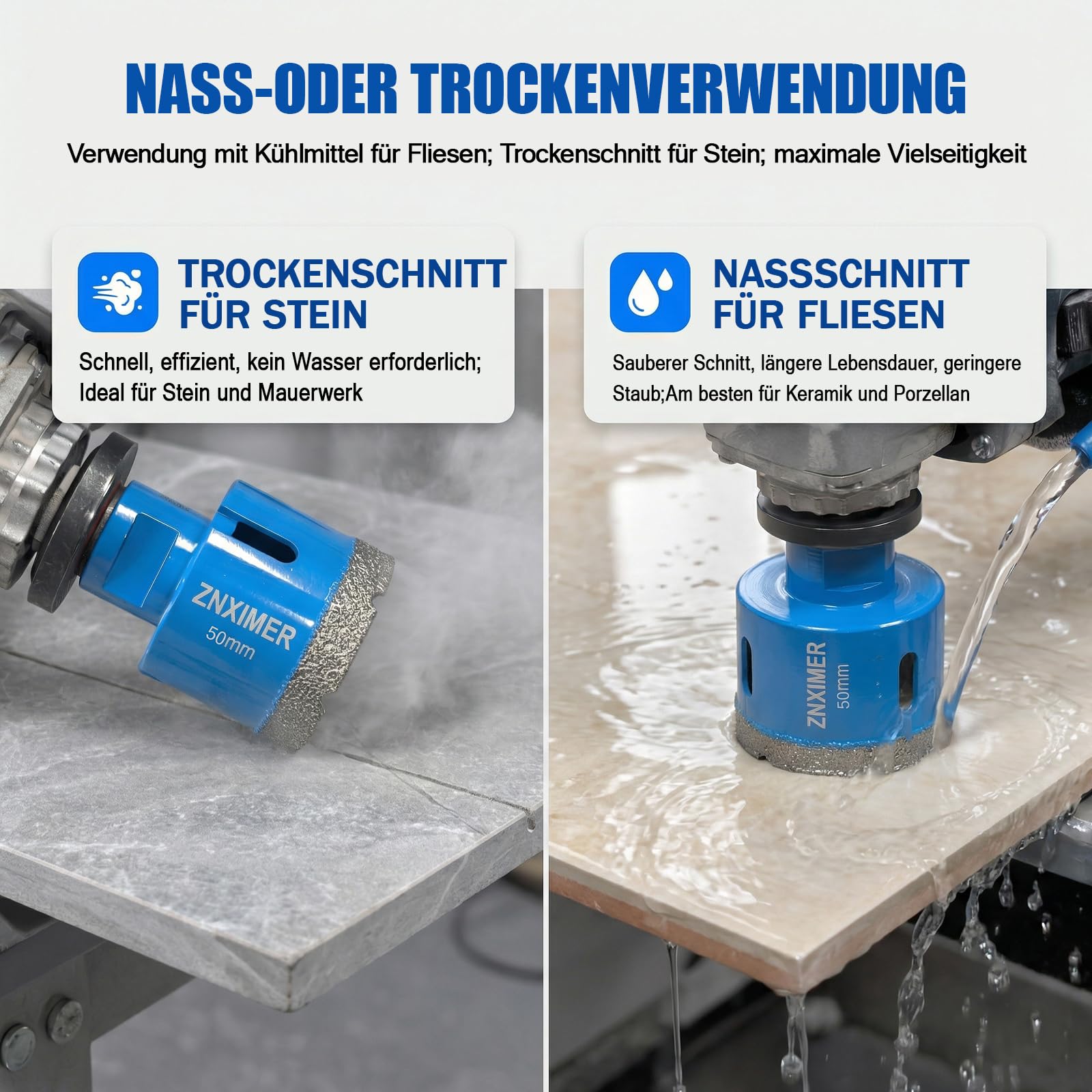 Fliesenbohrer Set 6/6/8/10/20/35/50/68mm - 11 Stücke Diamantbohrer Lochsäge mit Diamantscheibe 125mm und 20mm Fingerfräser ein Adapter für Trockenbohren in Fliesen Granit Marmor Trockenbohren