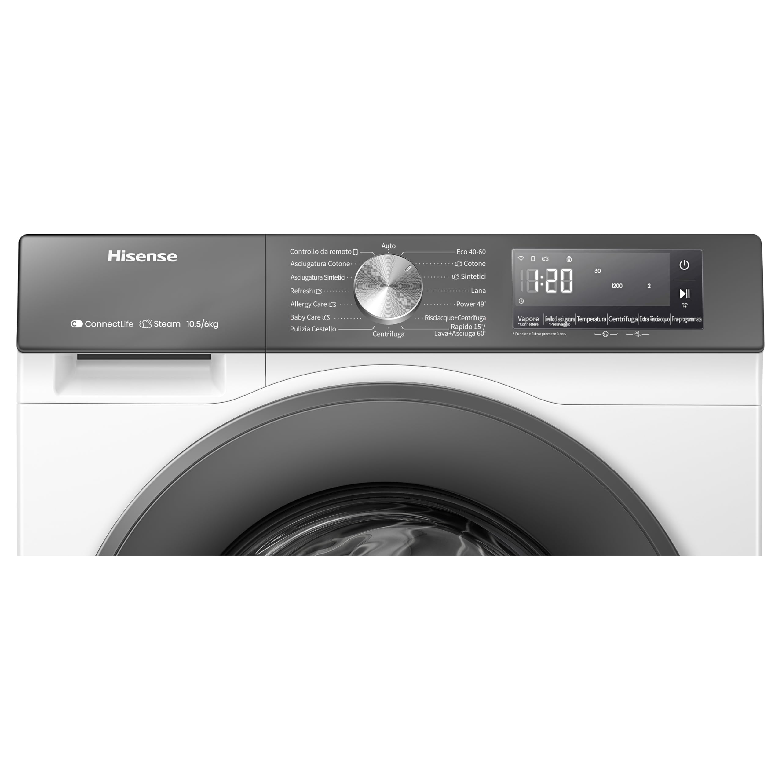 Hisense WD3S1043BW7 Lavasciuga 10,5 + 6 Kg, 1400 Rpm, 19 Programmi Automatici, Vapore, Motore Inverter, Classe Energetica A-20%/D, Display Led, Grigio, WiFi