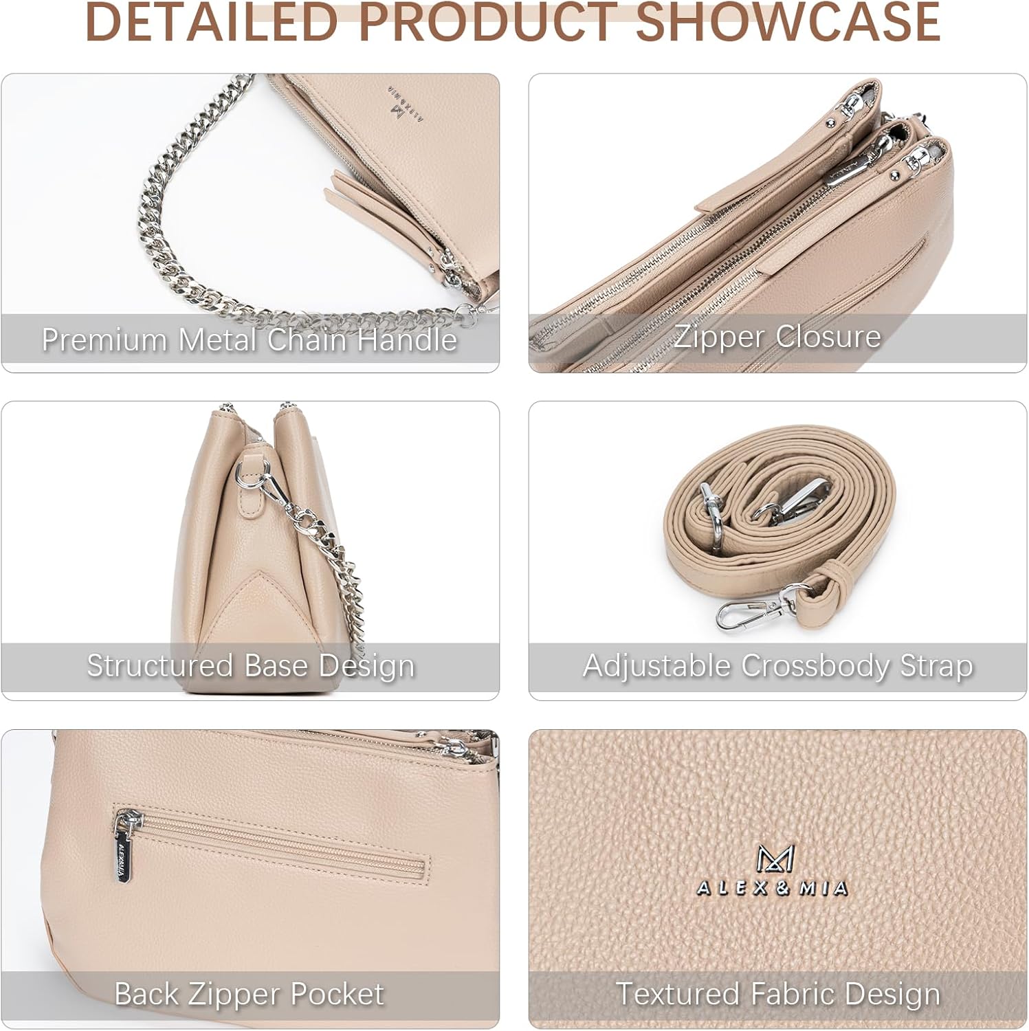 ALEX&MIA Crossbody Bag for Women - Medium Vegan Leather Handbag with Multiple Zippered Pockets, Two-Strap Design - Image 3