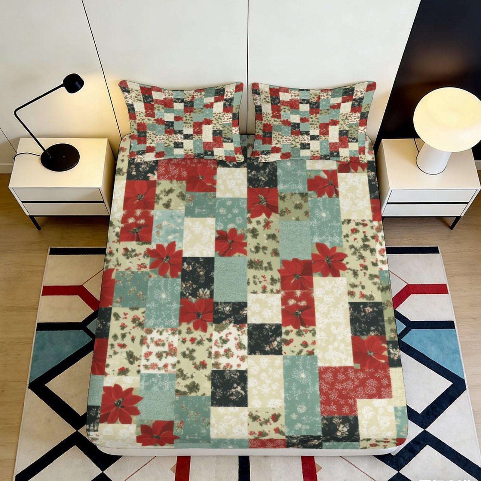Jqzkxnhpbr Style-6 3D Printed Patchwork Floral Fitted Sheet Microfiber Soft Breathable Retro Geometric Bed Cover For Bedroom Guest Room 90X200x25cm