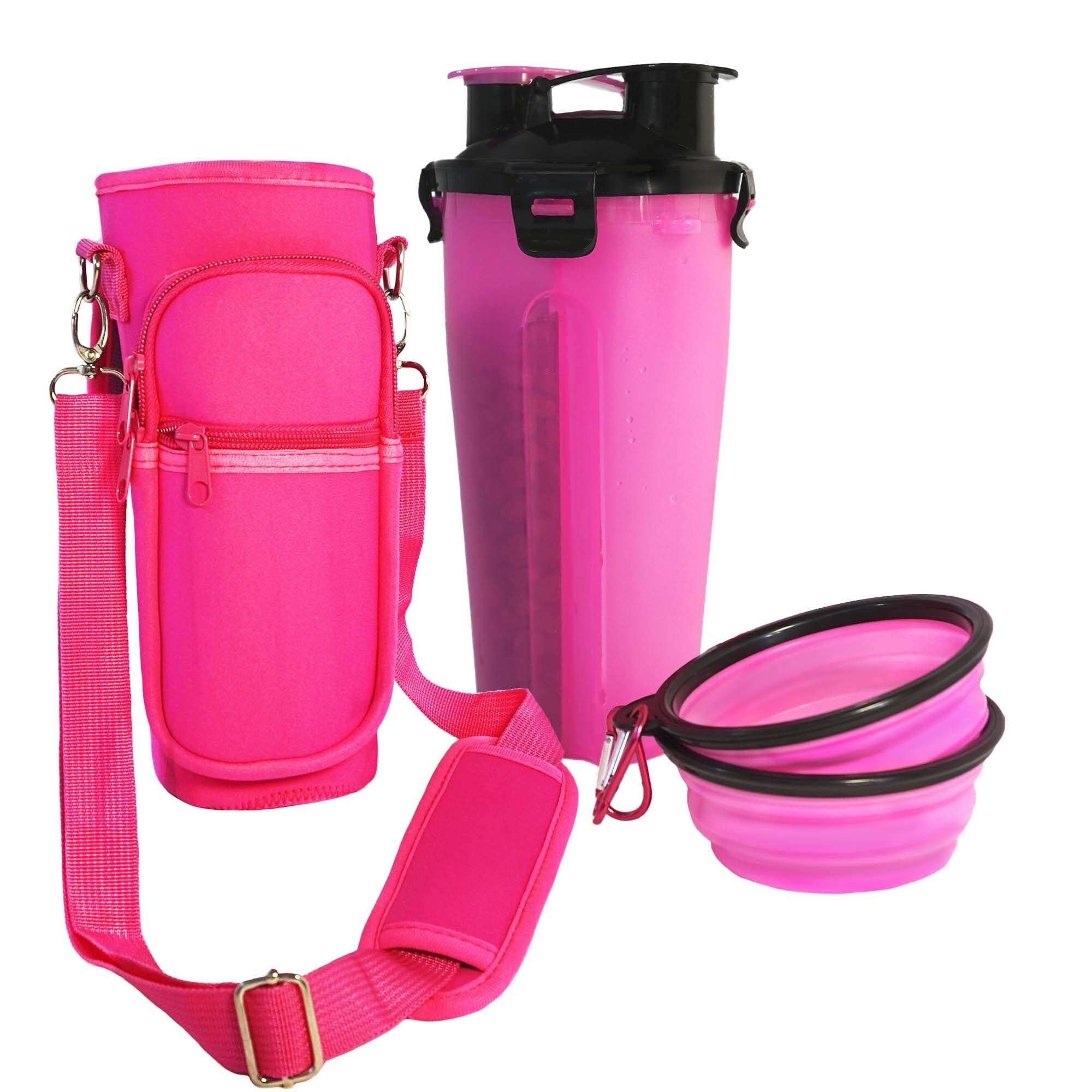 PETPECAS Bebedor Perro Portátil, Botella De Agua para Perros, Incluye Funda Neopreno, Bebedor Comedero para Perros, Antigolpes y Antiarañazos, Bebedores para Perros Portátil, Dog Water Bottle (Rosa)
