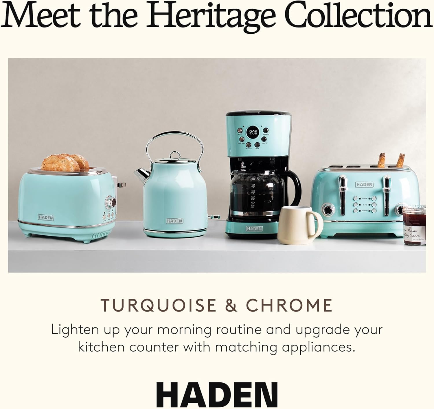 Haden Coffee Machine, 12 Cup Programmable Drip Coffee Maker with Auto Shut-Off Function and Reusable Washable Water Filter, Turquoise & Chrome