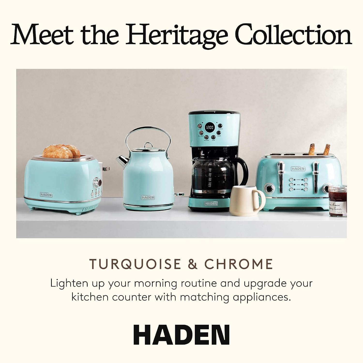 Haden Coffee Machine, 12 Cup Programmable Drip Coffee Maker with Auto Shut-Off Function and Reusable Washable Water Filter, Turquoise & Chrome, view 5
