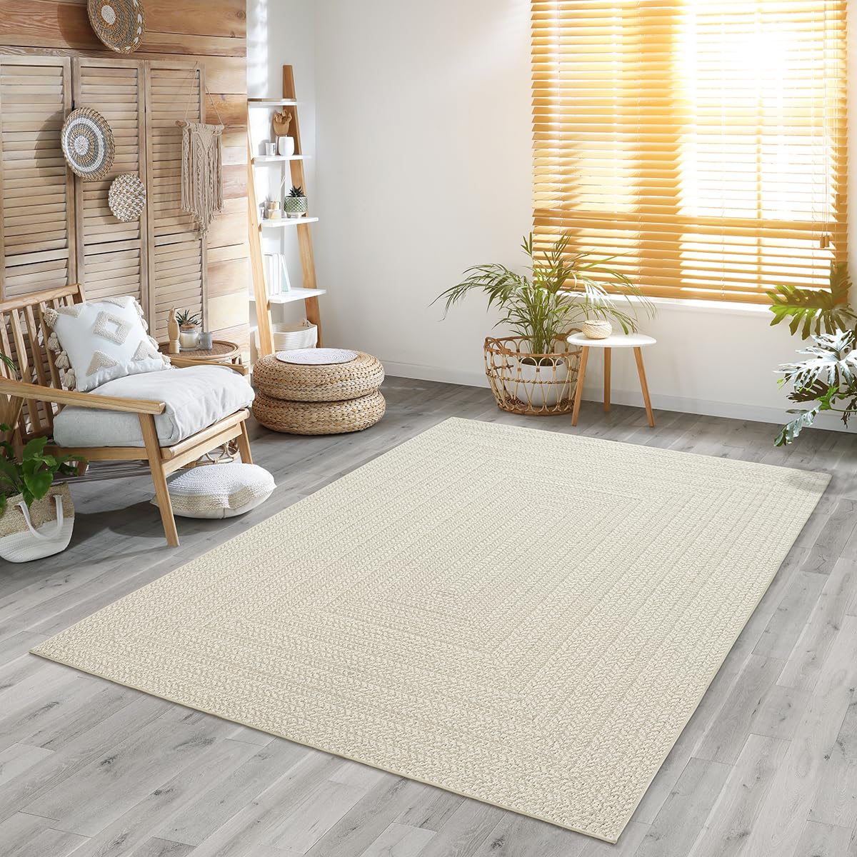 the carpet Kansas Outdoor Teppich – Wetterfester Indoor & Outdoor Teppich im Jute-Look für Balkon, Terrasse, Garten, Wohnzimmer & Esszimmer, pflegeleicht und UV-beständig, Creme, ca. 240 x 340 cm