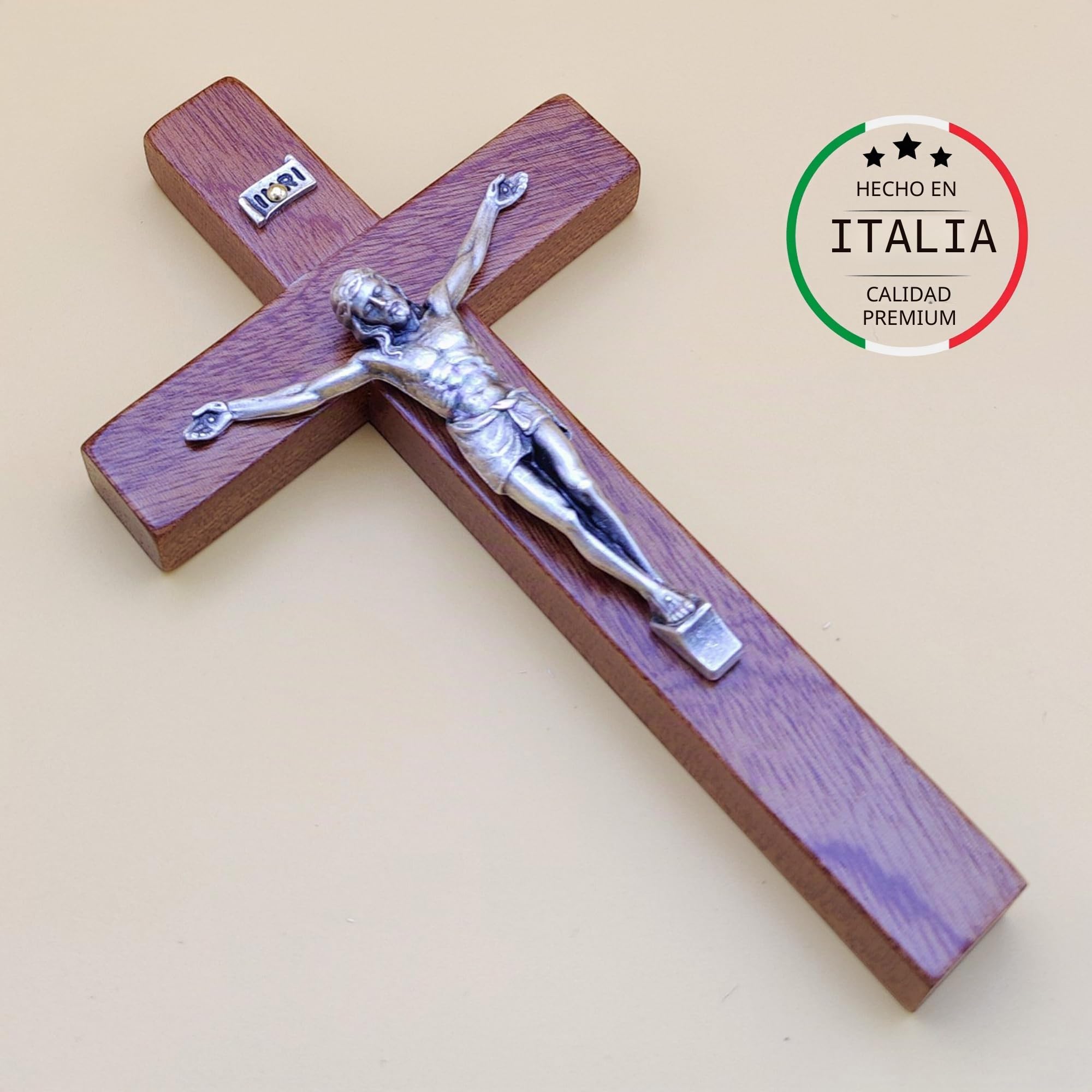 Crucifijo de pared – Artesanal fabricado en Italia Cristo e INRI chapado en plata 999 – Crucifijos de pared de madera, madera preciosa de caoba – Cuidado y precisión de los detalles de Jesús – 16,5 x
