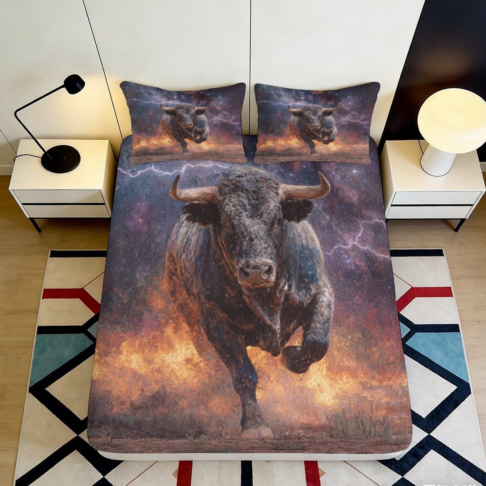 3D Printed Fire Bull Fitted Sheet Microfiber Anti-Slip Thunderstorm Bed Cover for Bedroom Guest Room Machine Washable 180x200x25cm