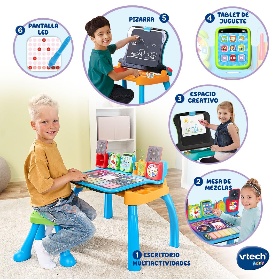 VTech - Escritorio Multiactividades 6 en 1 ¡CREA y Aprende! Centro Educativo Interactivo, Juguete Niños +3 Años, Pizarra, Música, Bloc de Notas, Tablet y Taburete, Letras, Números, Versión ESP