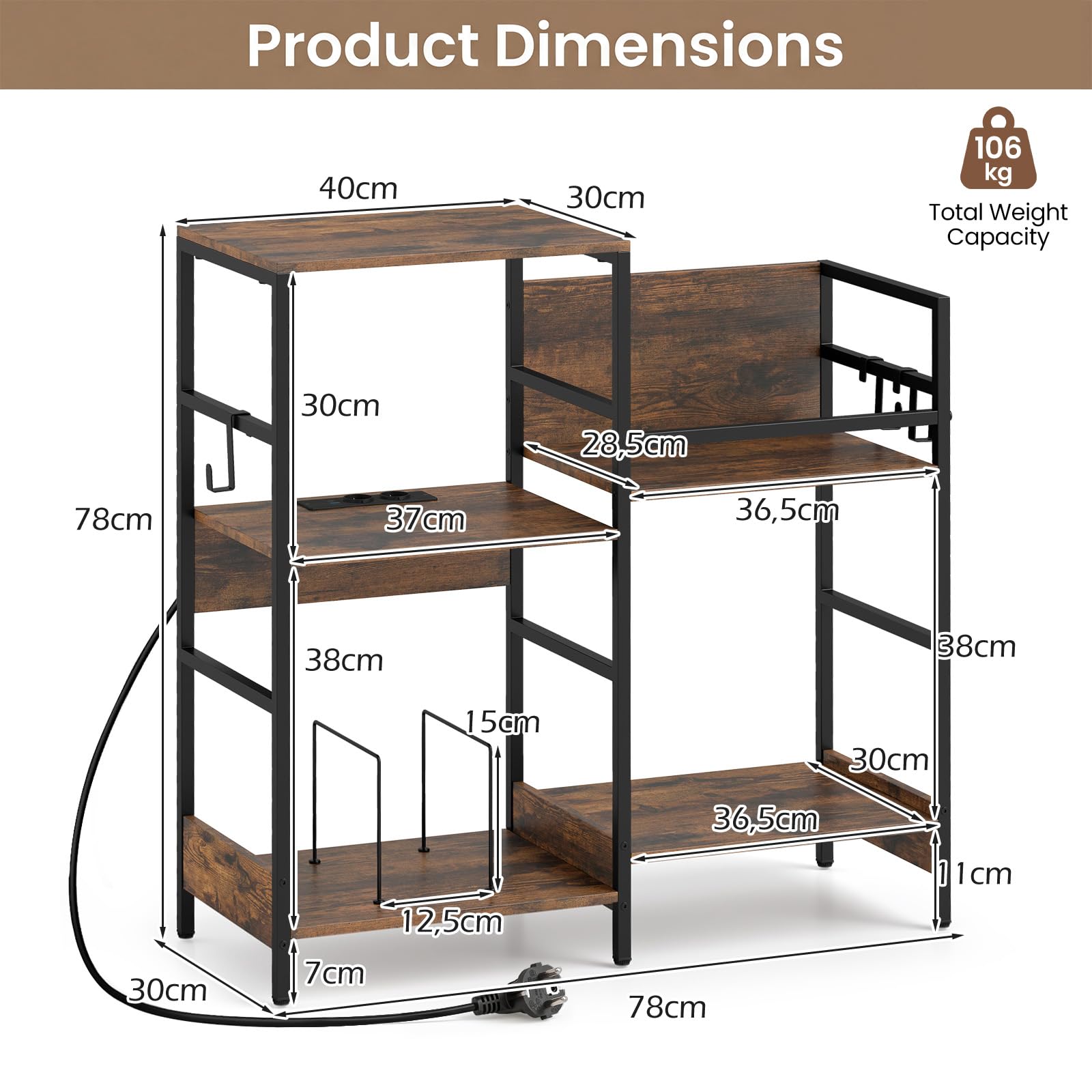 GIANTEX Supporto per Giradischi Multilivello, Mobile Vinili con Stazione di Ricarica, Mobiletto Porta Dischi in Legno con Ganci, Struttura Metallica, per Studio e Soggiorno, 78 x 30 x 78 cm