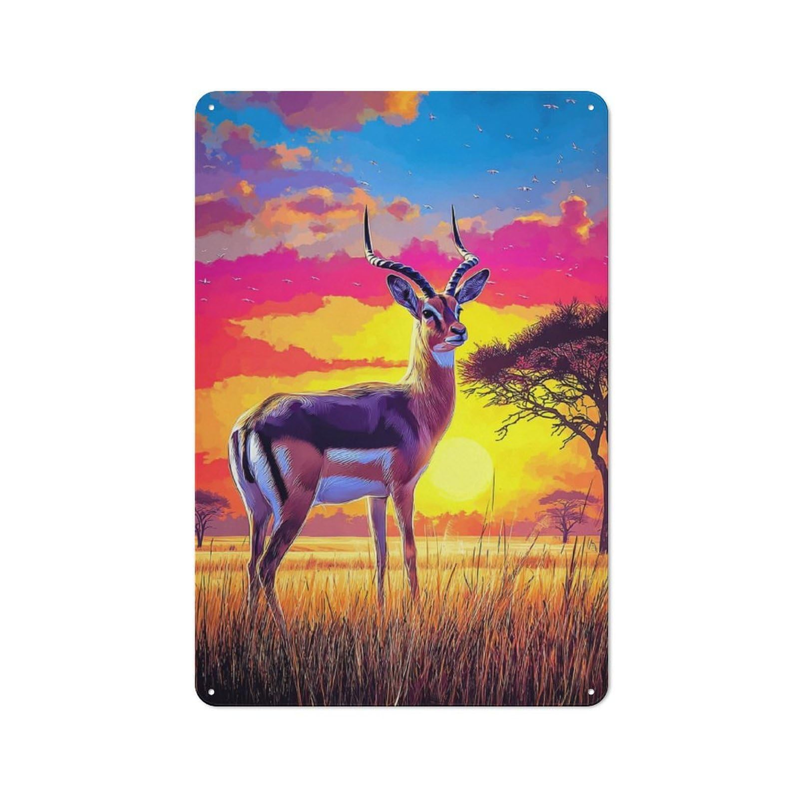 Junmoney Antelope Sunset Safari Scene Metal Sign 30X20cm With For Hallway Wall, Rustic Decor, For Furnishing A New Hallway With Rustic Decor