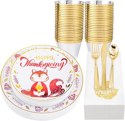 Miniatura 10 de Hioasis 175 platos de plástico blanco y platos desechables dorados y servilletas preenrolladas, cubiertos dorados que incluyen 25 platos de cena, 25