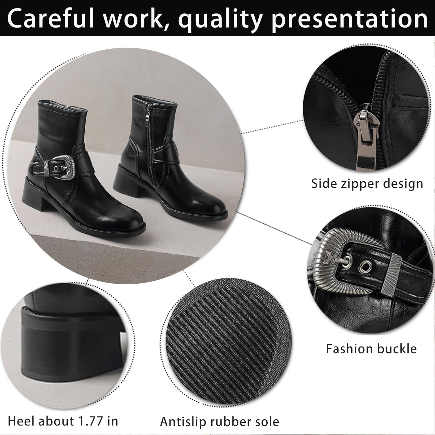 Women's Faux Leather Chunky Low Heel Combat Boots Retro Round Toe Side Zipper Buckle Strap Fashion Chelsea Boots