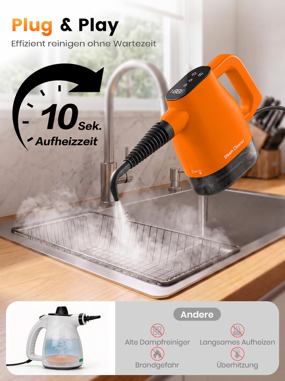 Dampfreiniger mit Smart-Touchscreen, 10 Sekunden Aufheizzeit, Orange | 400-ml-Wassertank, 4-m-Netzkabel, 2 Dampfstufen und 9-teiliges Zubehör – Dampfreiniger für Küche, Bad, Fliesen und Fugen