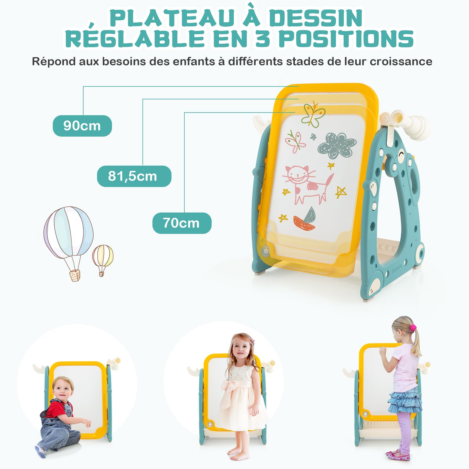 GOPLUS 4 en 1 Tableau Enfant avec Chaise, Table Enfant Tableau Blanc Magnétique Réglable avec Banc avec Télescope,Lancer d'Anneaux, Effaçable à Sec et Marqueurs 1-8 Ans