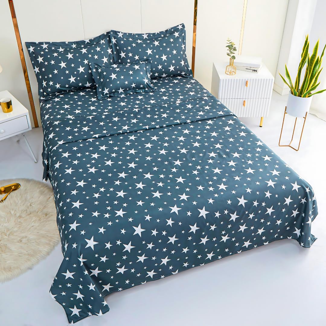 KUMY Juego de Sábanas Suave – Sabana Bajera, Encimera, 2 Fundas de Almohada y Funda de Cojín- Poliéster – 5 Piezas (Cama 135, Estrella)
