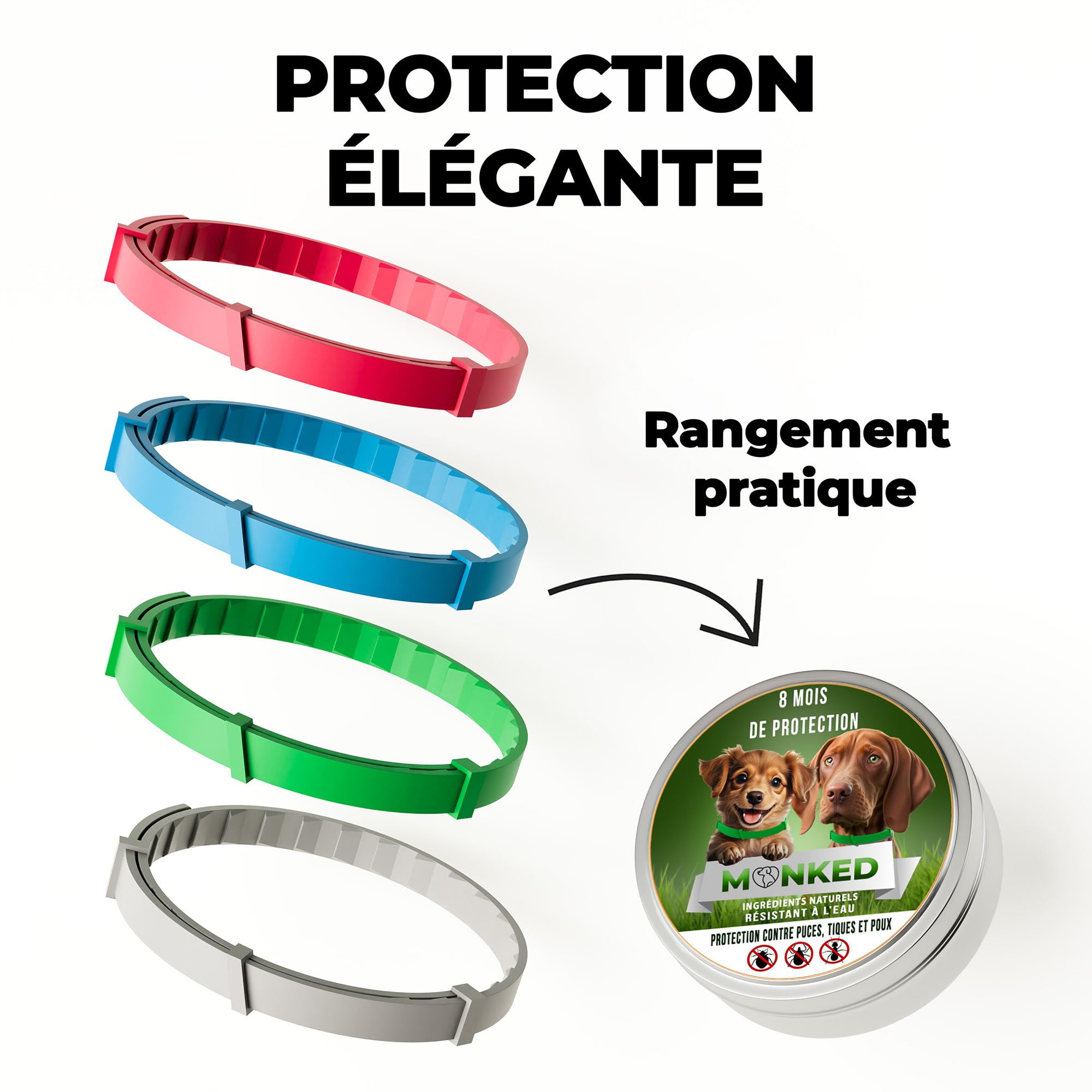 Monked | Collier Naturel pour Chiens sans Produits Chimiques | Réglable pour Petits et Grands Chiens | Protection Anti-tiques et Anti-puces Jusqu’à 8 Mois | Protection Longue durée Hund [Grau]
