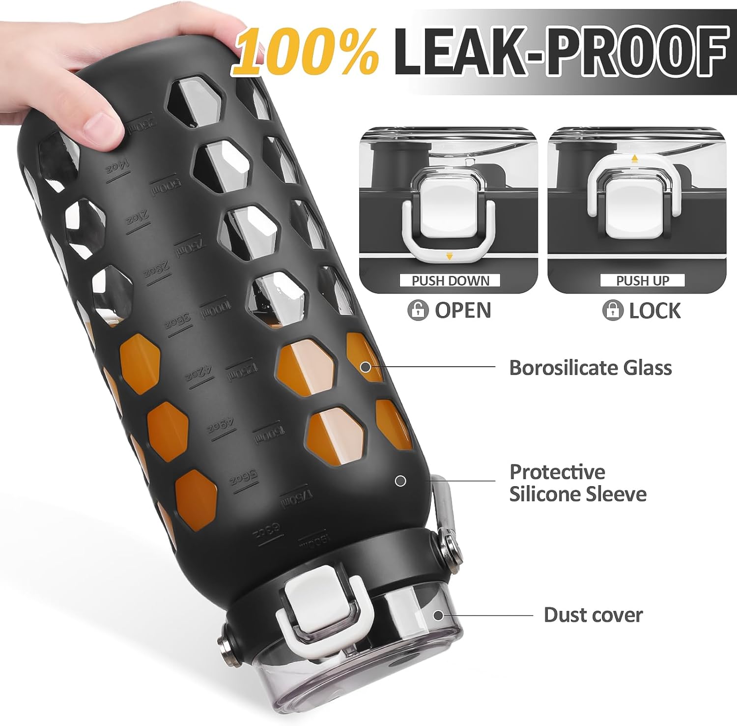 MUKOKO 64oz Glass Water Bottles with Straw and Lid,Half Gallon Water Bottle with Time Marker,Large Glass Water Jug with Silicone Sleeve and Stainless Steel Handle-Black - Image 4